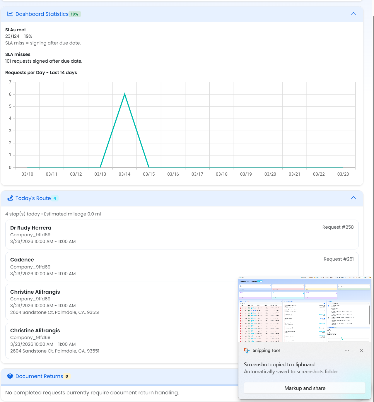 Coverity notary operations dashboard showing statistics, route, and document returns