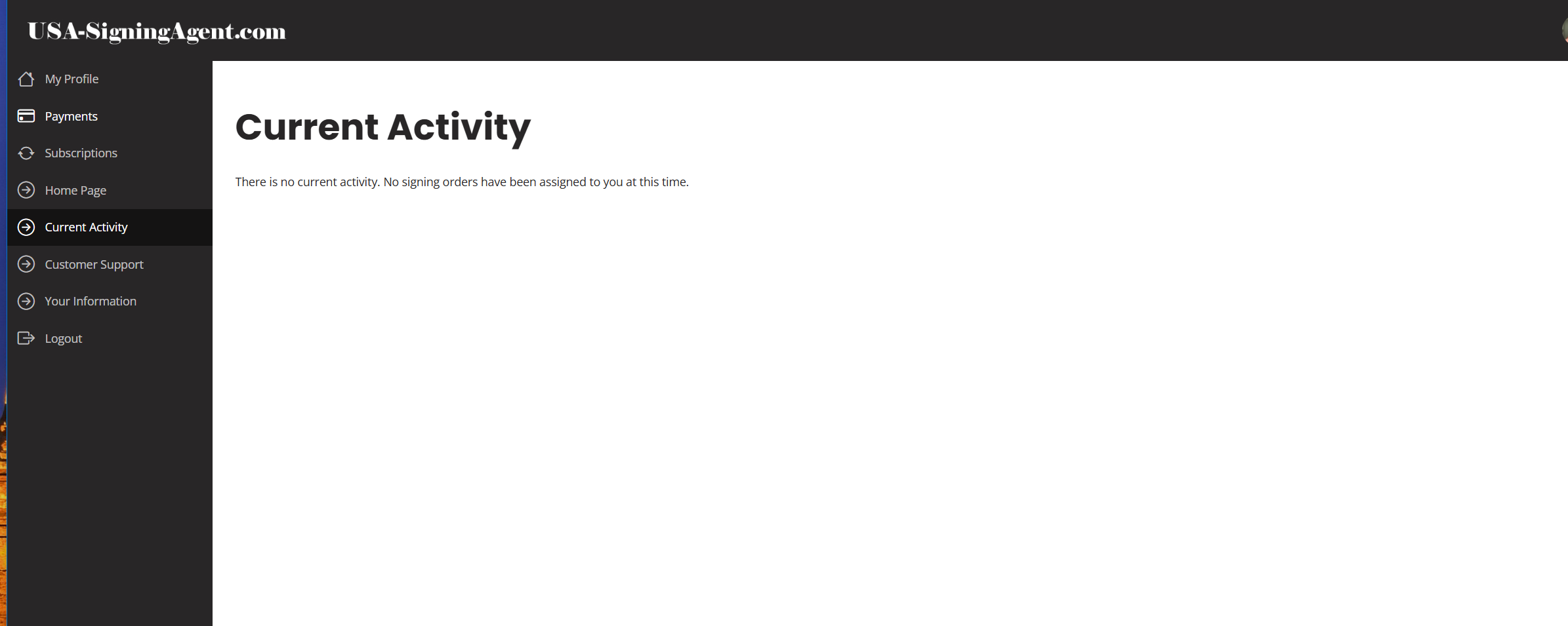 Signing platform screen showing no current activity or assigned signing orders